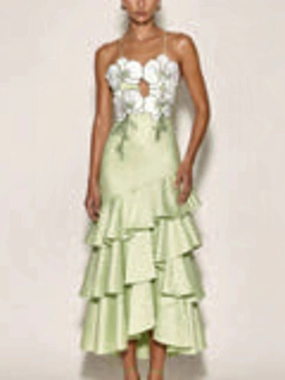 JW PEI orchid Flower ruffle Midi Dress in Green & White-Size 8